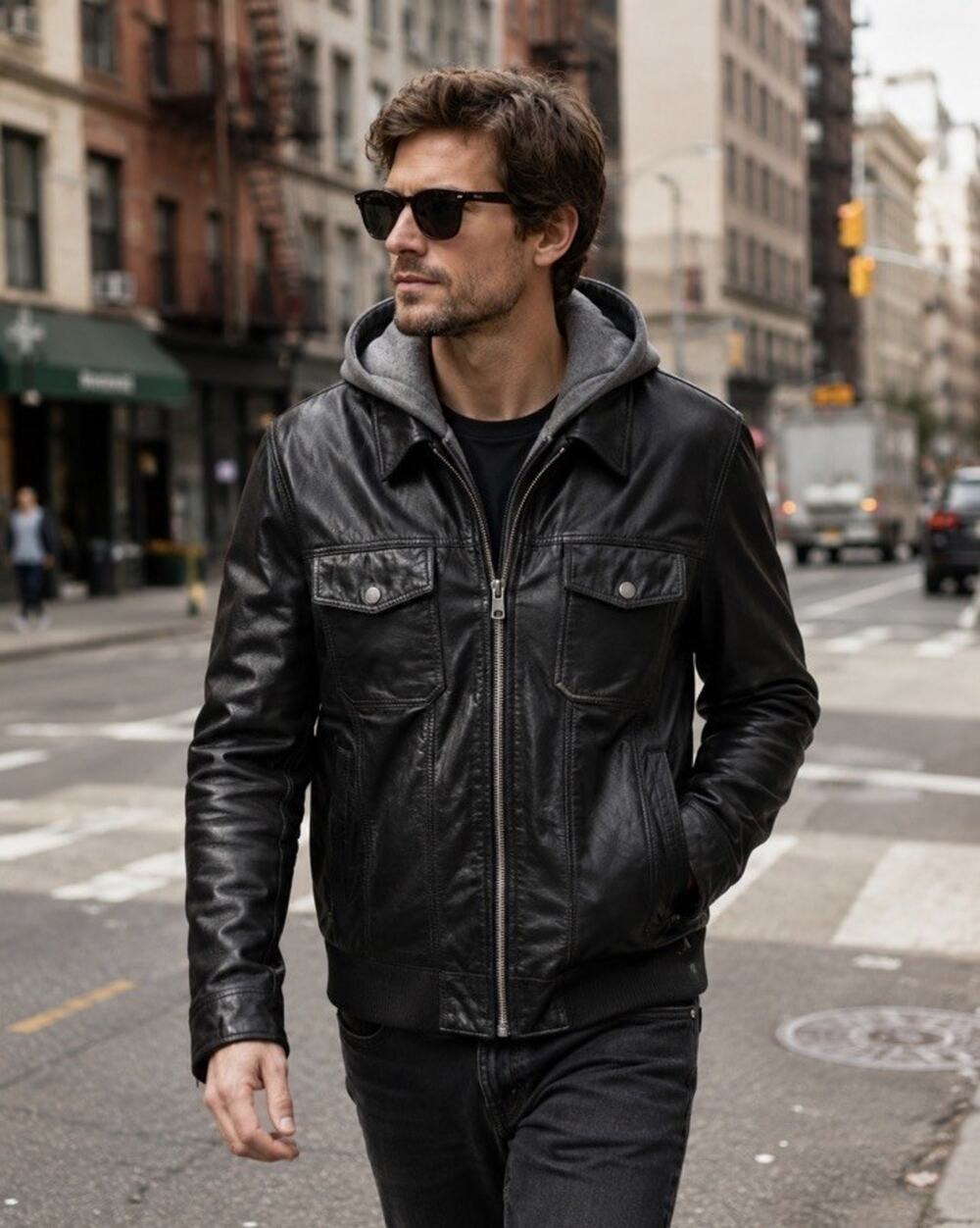 Black Rivet Men's Genuine Black Leather Jacket XL Detachable Hood Pockets Moto